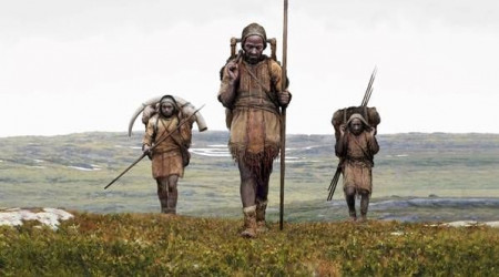 Künstlerische Rekonstruktion einer Jäger-Sammler-Gruppe aus der Eiszeit.